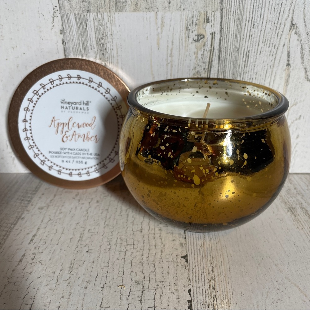 Vineyard Hill Candle Applewood & Amber 9 oz Amber Glass Bubble Holder 1 Wick NEW